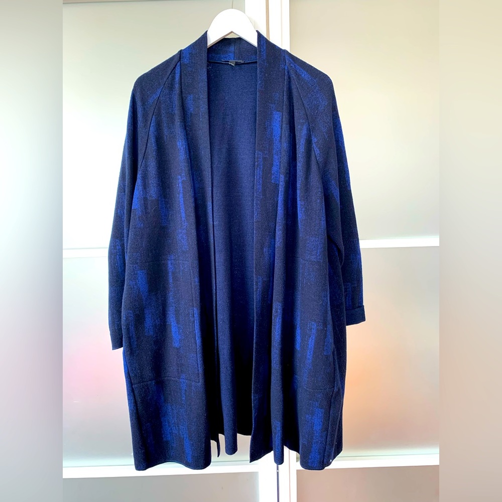 Eileen Fisher blue and black patterned open front duster cardigan Size PL